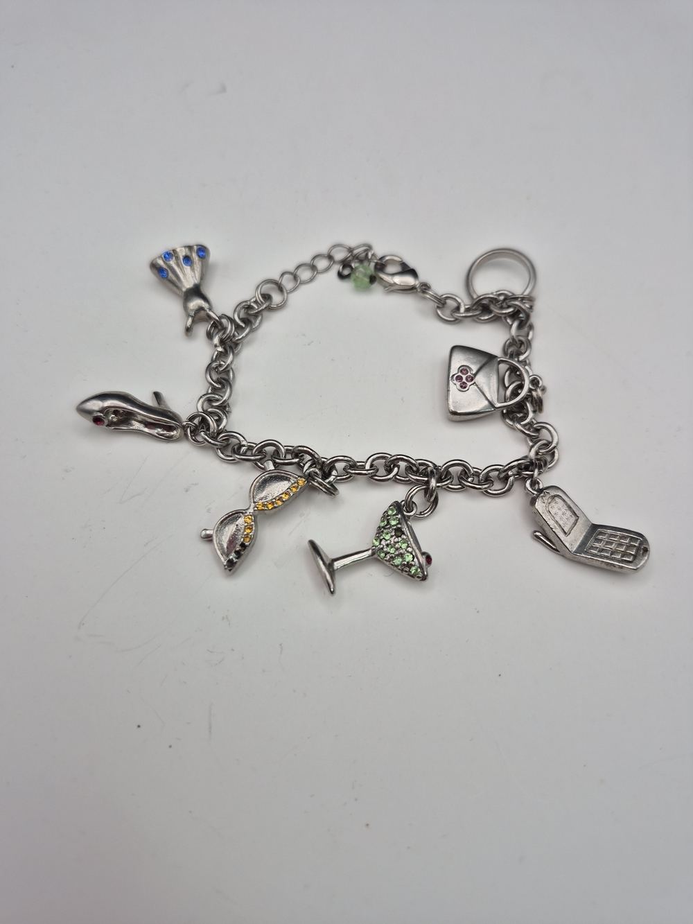 Sterling Silver 6.5in Charm Bracelet with Multicolor Crystal Accents